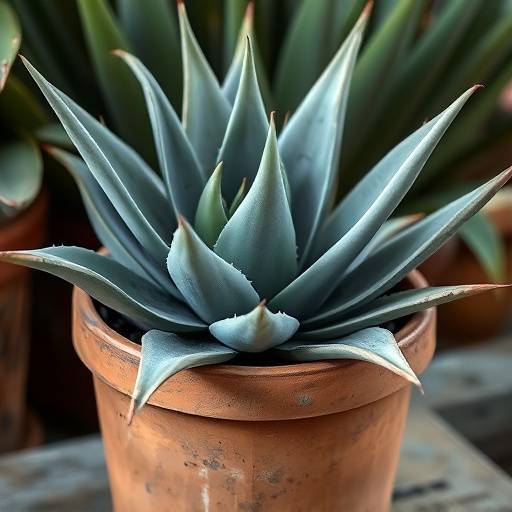 Aloe Vera em um vaso de barro rüstico, com folhas grossas e suculentas de cor verde acinzentada