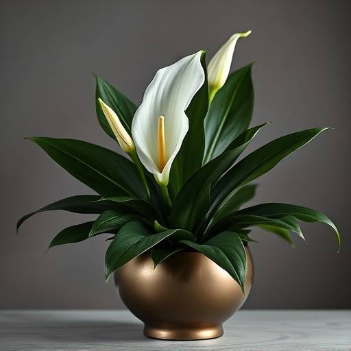 Lírio da Paz em vaso elegante, com flores brancas delicadas e folhagem verde escura