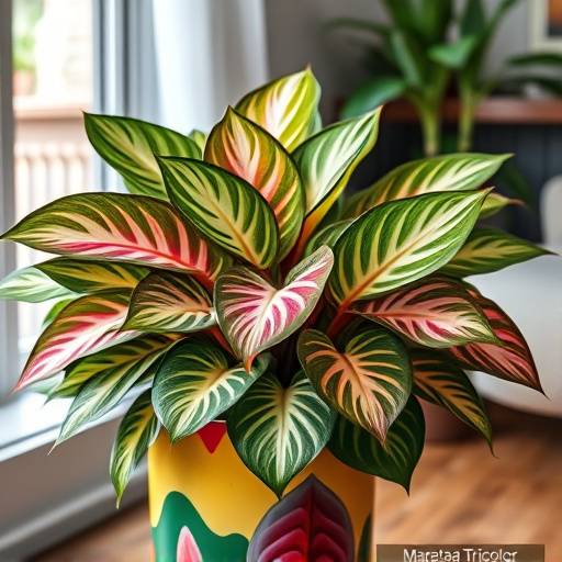 Maranta Tricolor em um vaso colorido, com folhas exuberantes e padrões ünicos em tons de verde, rosa e creme