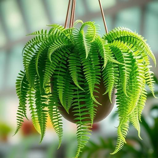 Samambaia em um vaso suspenso, com longas e delicadas folhas verdes que caem em cascata