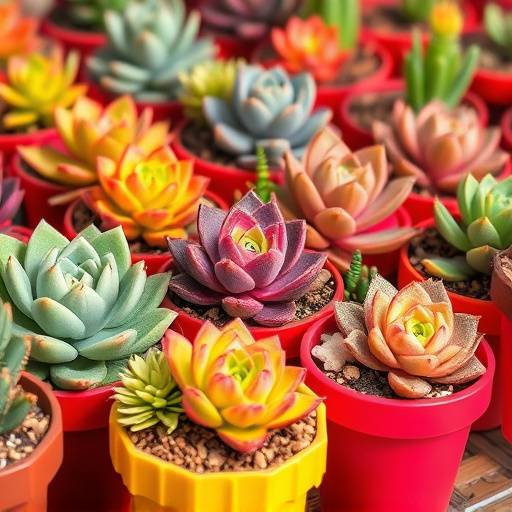Variedade de suculentas em pequenos vasos coloridos